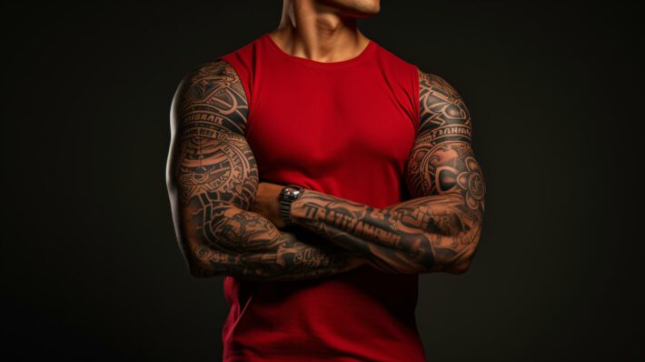 Mężczyzna w czerwonej koszulce z krótkim rękawem prezentuje szeroki wybór tatuaży pokrywających obie ramiona, z zegarkiem na lewym nadgarstku