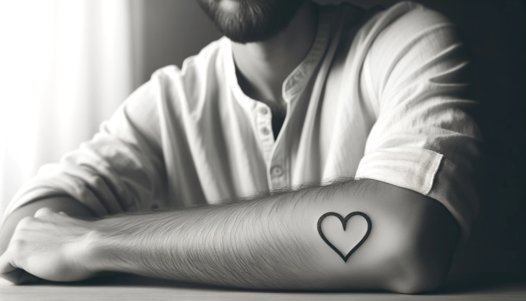 Mężczyzna w jasnej koszuli opiera łokieć na stole, eksponując tatuaż w kształcie serca na przedramieniu