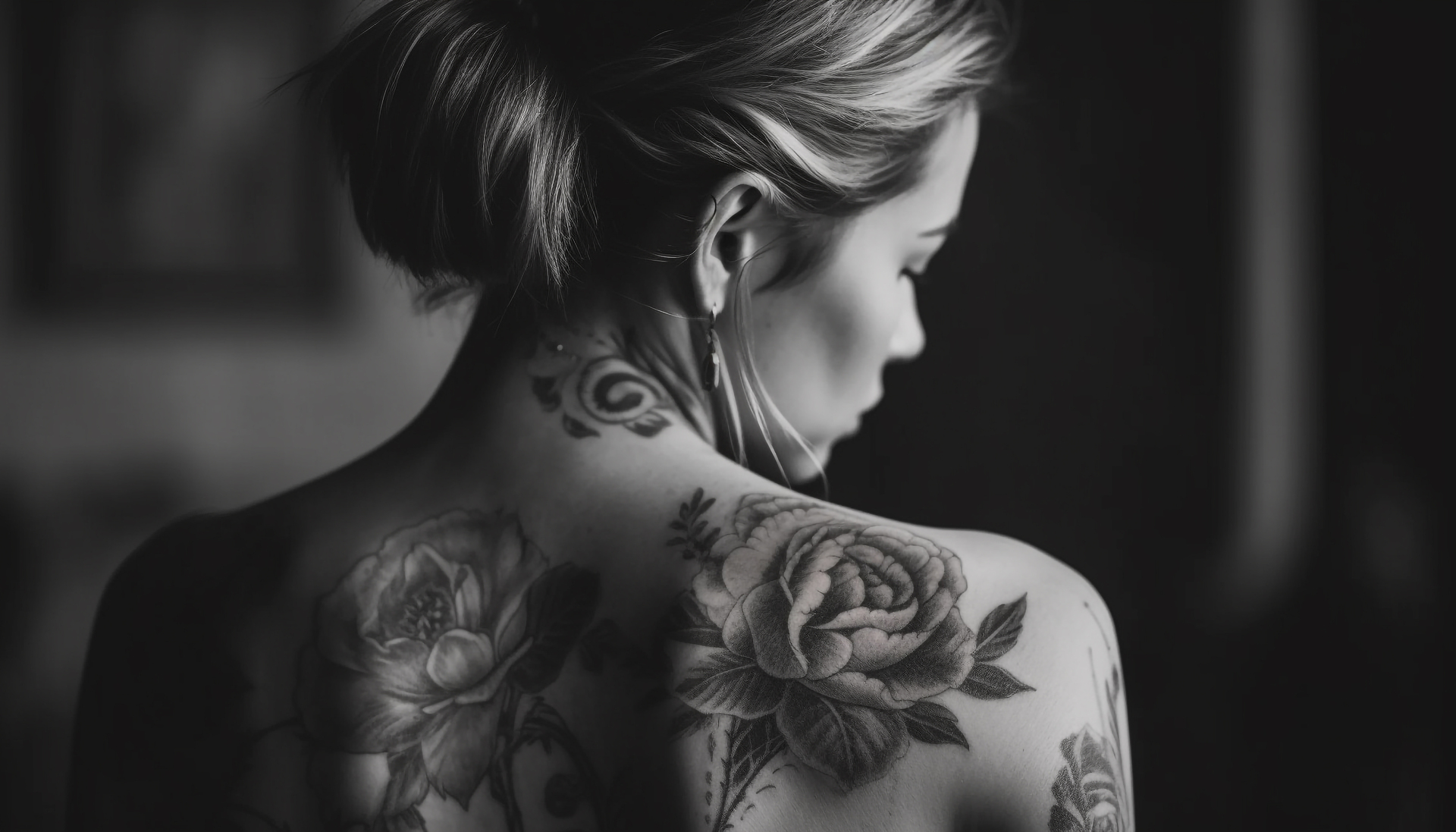 Kobieta odkrywa ramiona pokryte tatuażami z kwiatowymi motywami