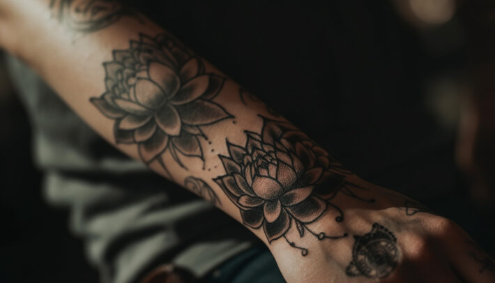 Tatuaż przedstawiający dwa kwiaty lotosu w stylu mandali ozdabia przedramię