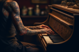 Mężczyzna grający na pianinie posiada tatuaże na rękach
