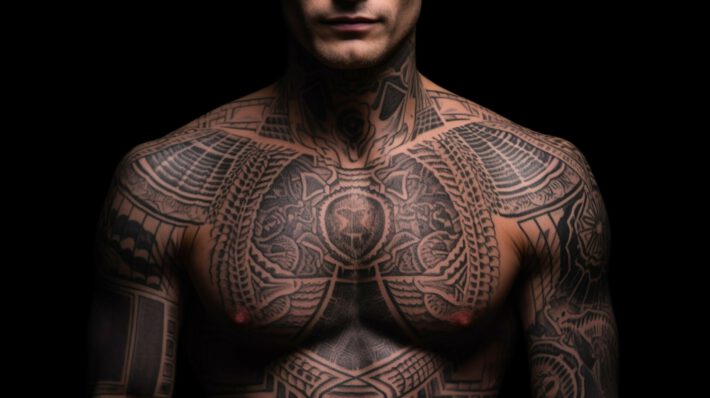 Tatuaż w stylu celtyckim na całej klatce piersiowej mężczyzny