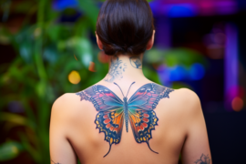 Duży tatuaż kobiecy na plecach wykonany w kolorze