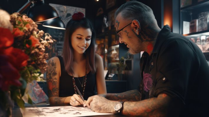 Tatuatorzy projektujący wspólnie duży tatuaż