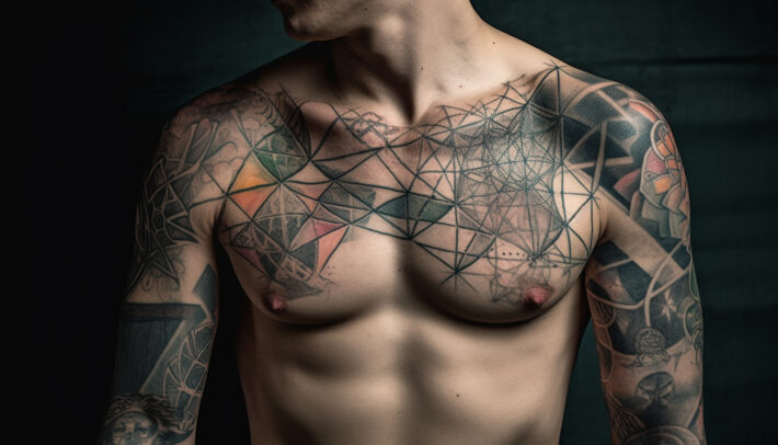 Tatuaże tworzą różnorodną mieszankę symboli i figur, od abstrakcyjnych kształtów po realistyczne obrazy