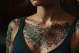 Kobieta ma na sobie elegancki tatuaż z kwiatowym motywem na obojczyku, który harmonijnie łączy się z innymi tatuażami na ramieniu