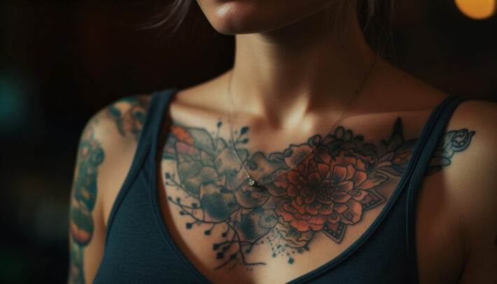 Kobieta ma na sobie elegancki tatuaż z kwiatowym motywem na obojczyku, który harmonijnie łączy się z innymi tatuażami na ramieniu