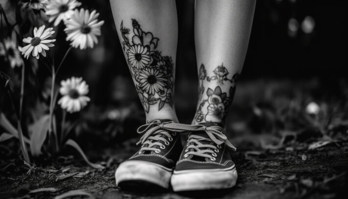 Nogi są ozdobione tatuażami przedstawiającymi różnorodne kwiaty, które rozciągają się od kostek w górę łydek