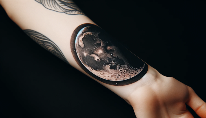 Tatuaż przedstawia realistycznie wykonany księżyc w pełnej fazie na tle gładkiej skóry, otoczony ciemną aureolą