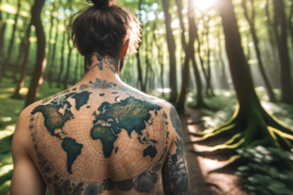 Osoba z widocznym tatuażem przedstawiającym mapę świata na plecach stoi w lesie, a promienie słoneczne przebijają się przez zielone liście. Na szyi i ramionach widać także inne tatuaże z roślinnymi motywami