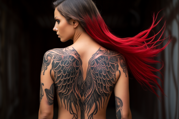 Tatuaż anioły są przepiękne a ta kobieta z wytatuowanymi skrzydłami anioła jest bardzo pewna siebie dzięki nim