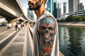 Kolorowy tatuaż czaszki na ramieniu mężczyzny