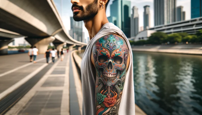 Kolorowy tatuaż czaszki na ramieniu mężczyzny