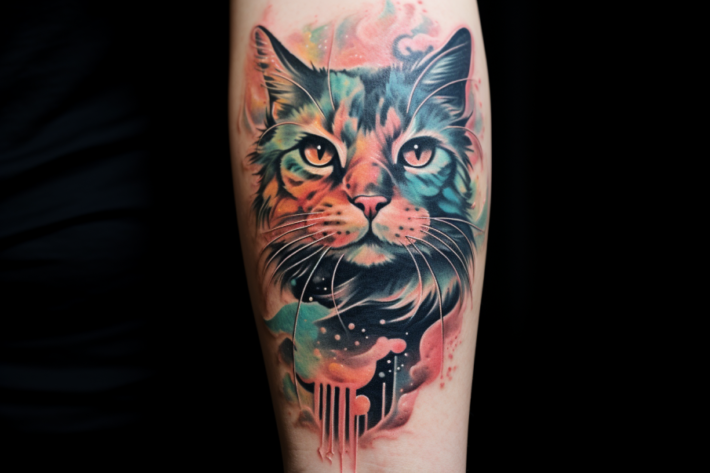 Tatuaż kot w kolorze na łydce młodej kobiety, która jest właścicielką kota