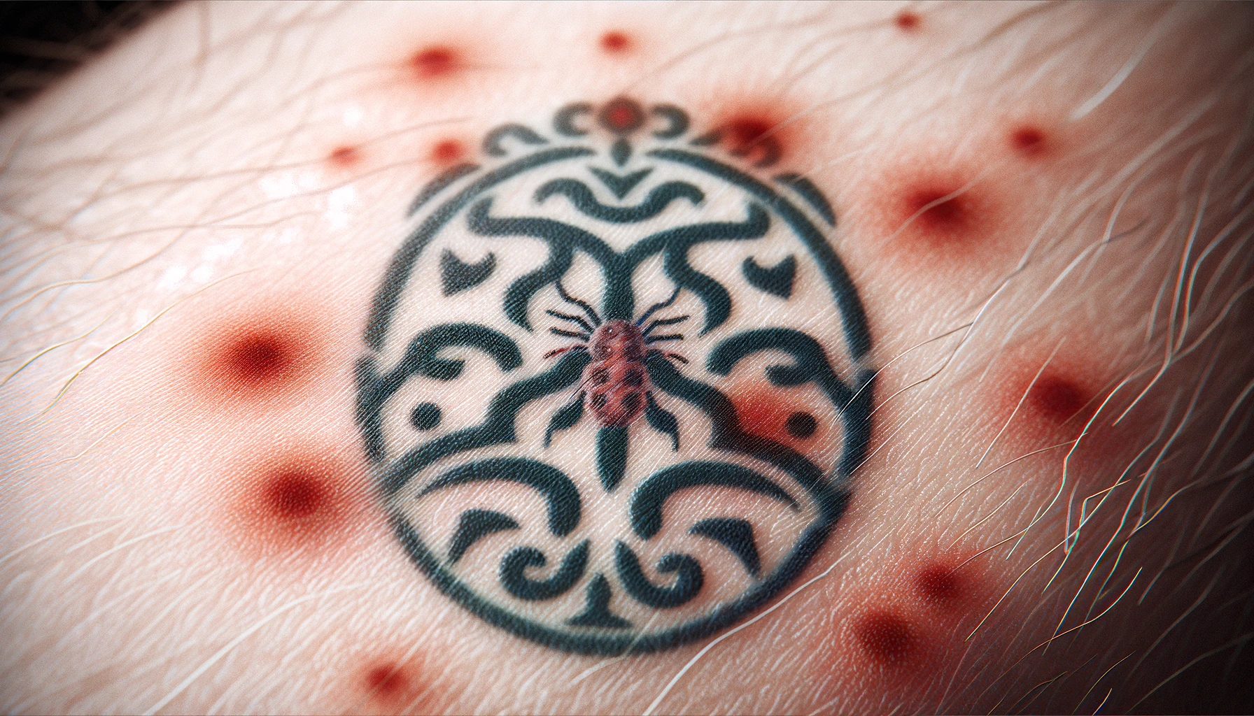 Tatuaż o wzorze tribal z centralnie umieszczonym pająkiem jest wyraźnie widoczny na skórze, otoczony przez czerwone plamy wskazujące na świeżość wykonania