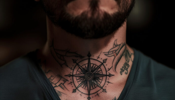 Tatuaż z widocznym motywem kompasu zdobi szyję mężczyzny, otoczony dodatkowymi elementami graficznymi i napisem. To dzieło sztuki skóry jest wykonane z precyzją, ukazującą detale i głębię wzoru
