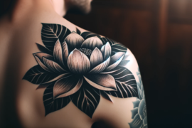 Na ramieniu widnieje tatuaż przedstawiający wielką, szczegółowo wykonaną kwiatową kompozycję z wyraźnymi, ciemnymi konturami i cieniowaniem