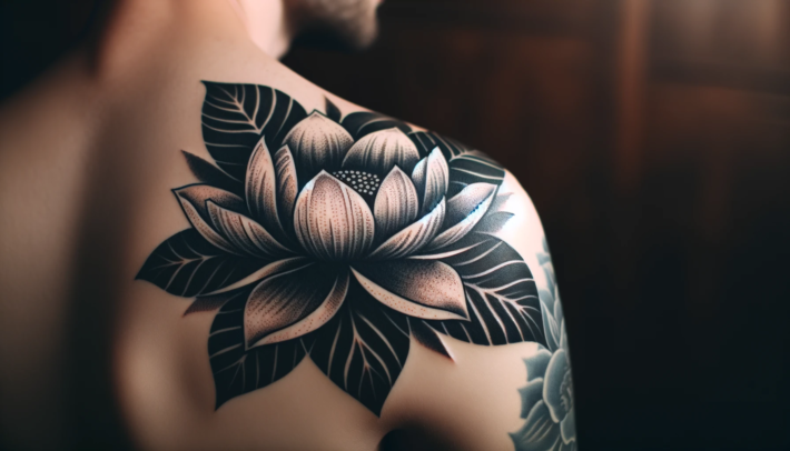 Na ramieniu widnieje tatuaż przedstawiający wielką, szczegółowo wykonaną kwiatową kompozycję z wyraźnymi, ciemnymi konturami i cieniowaniem