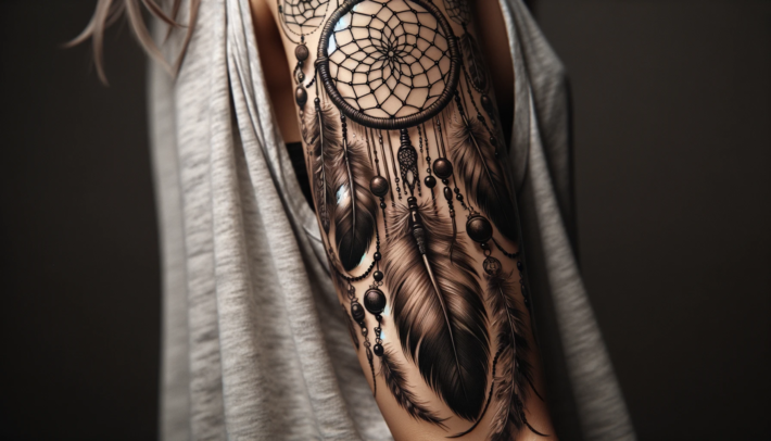Zachwycający tatuaż z motywem łapacza snów i piór zdobi przedramię, prezentując bogate detale i głębię kolorów. Wzór łączy elementy etniczne i naturalne, tworząc efektowną kompozycję