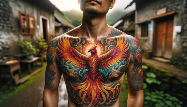 Niezwykle kolorowy tatuaż na klatce piersiowej
