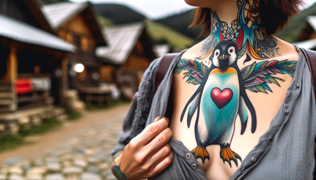 Tatuaż pingwina na klatce piersiowej kobiety