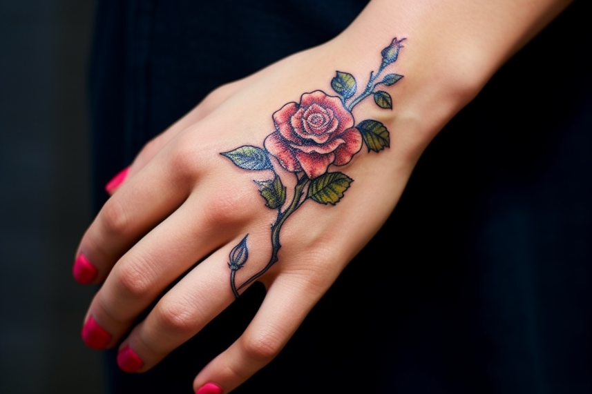 Tatuaż w kształcie róży na dłoni młodej kobiety