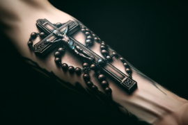 Na przedramieniu widoczny jest szczegółowy tatuaż przedstawiający krzyż i różaniec w stylu realistycznym, z głębokimi cieniami i trójwymiarowym efektem