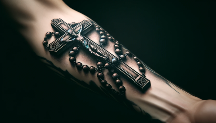 Na przedramieniu widoczny jest szczegółowy tatuaż przedstawiający krzyż i różaniec w stylu realistycznym, z głębokimi cieniami i trójwymiarowym efektem