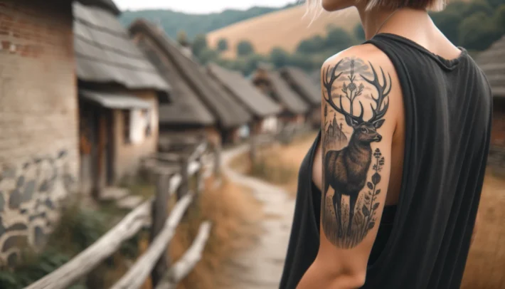 Tatuaż jelenia na ramieniu kobiety
