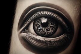 Detaliczny tatuaż przedstawia ludzkie oko z misternie wykonaną tęczówką, w której znajduje się wyrafinowany wzór. Kontrastowe cienie i światło podkreślają głębię i realizm dzieła