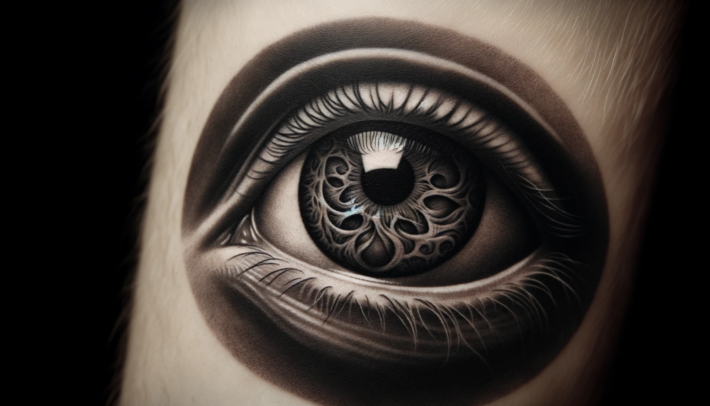 Detaliczny tatuaż przedstawia ludzkie oko z misternie wykonaną tęczówką, w której znajduje się wyrafinowany wzór. Kontrastowe cienie i światło podkreślają głębię i realizm dzieła