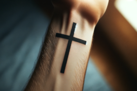 Prosty, solidny tatuaż krzyża zdobi nadgarstek, wyróżniając się wyraźnymi liniami i ciemnym tuszem na skórze. Jest on jedynym widocznym tatuażem na tym obszarze ciała