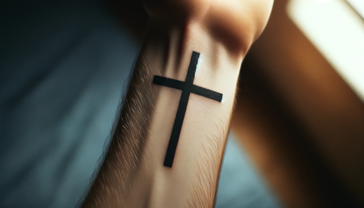 Prosty, solidny tatuaż krzyża zdobi nadgarstek, wyróżniając się wyraźnymi liniami i ciemnym tuszem na skórze. Jest on jedynym widocznym tatuażem na tym obszarze ciała