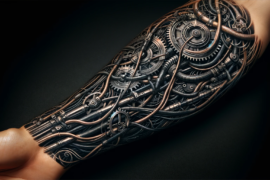 Złożony tatuaż przedstawiający mechaniczne elementy imitujące robotyczną rękę pokrywa przedramię, ukazując koła zębate, przewody i metalowe detale