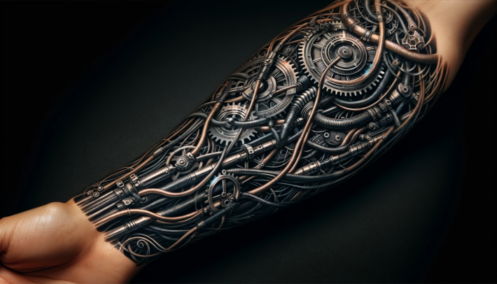 Złożony tatuaż przedstawiający mechaniczne elementy imitujące robotyczną rękę pokrywa przedramię, ukazując koła zębate, przewody i metalowe detale