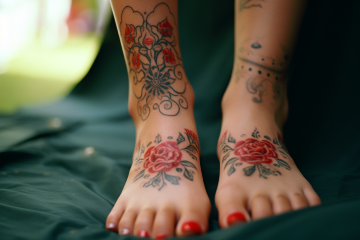 Tatuaże na stopach kobiety z motywem kwiatowym