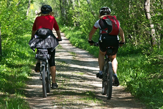 Dwie osoby w odpowiednich strojach rowerowych jadą po lesie