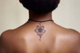 Na plecach kobiety znajduje się subtelny tatuaż przedstawiający pojedynczy kwiat z detalami w kształcie serca na płatkach. Naszyjnik opleciony wokół szyi dodaje uroku minimalizmowi sceny