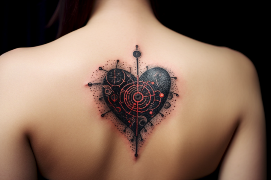 Czarny tatuaż na plecach kobiety w kształcie serce z elementami czerwieni