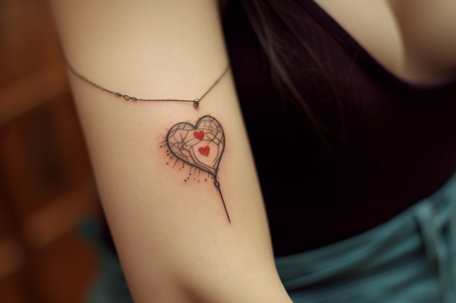 Delikatny tatuaż na przedramieniu kobiety w formie bransoletki ze zwisającym serduszkiem. Idealny pomysł na tatuaż dla par