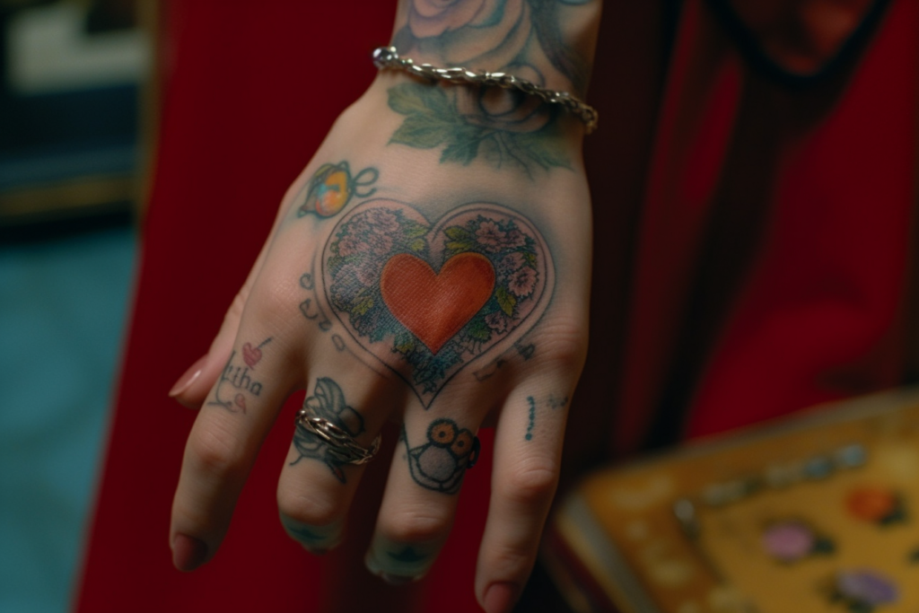Kobieta z tatuażem w kształcie serca na zewnętrznej części. Kobieta posiada również inne tatuaże jednak ten sugeruje, jej miłość do osoby która również posiada taki sam tatuaż