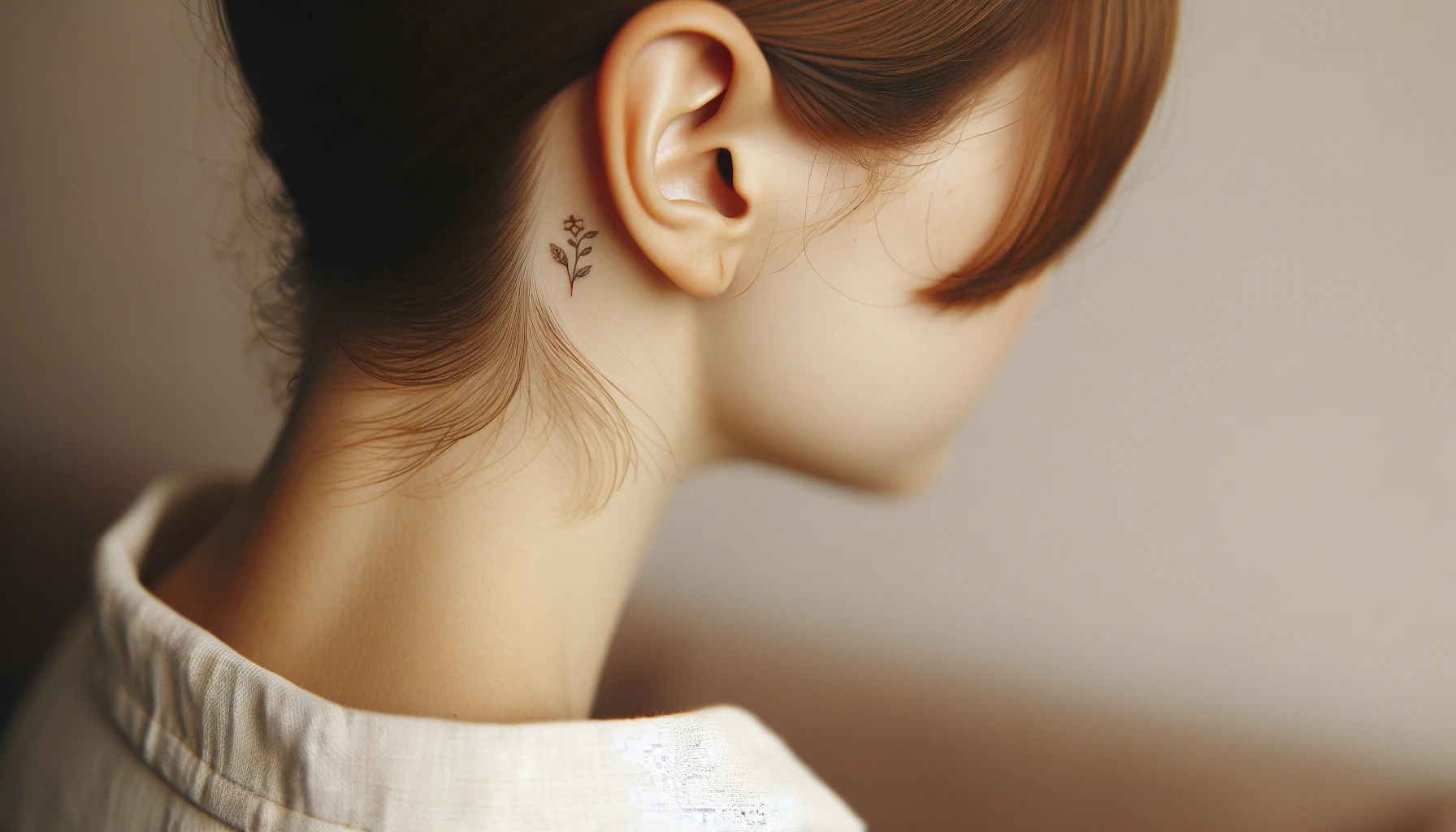 Drobny tatuaż z delikatnym motywem roślinnym akcentuje obszar za uchem kobiety. Proste linie i zarys liści tworzą subtelny, jednak wyrazisty obraz na jej skórze