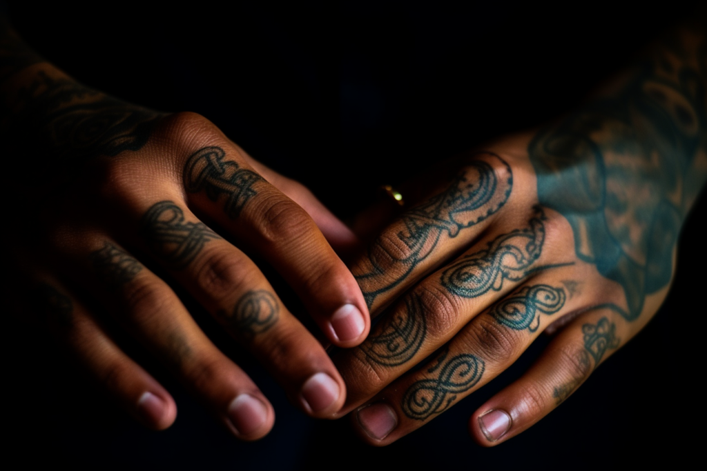 Mężczyzna z dłońmi pokrytymi tatuażami jednak posiada on na jednym z palców znak nieskończoności
