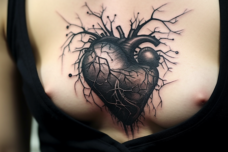 Realistycznie wyglądające serce pod kątem anatomicznym na piersi kobiety
