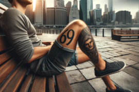 Tatuaż z numerem 69 na udzie mężczyzny