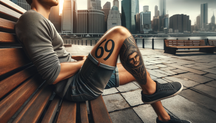 Tatuaż z numerem 69 na udzie mężczyzny