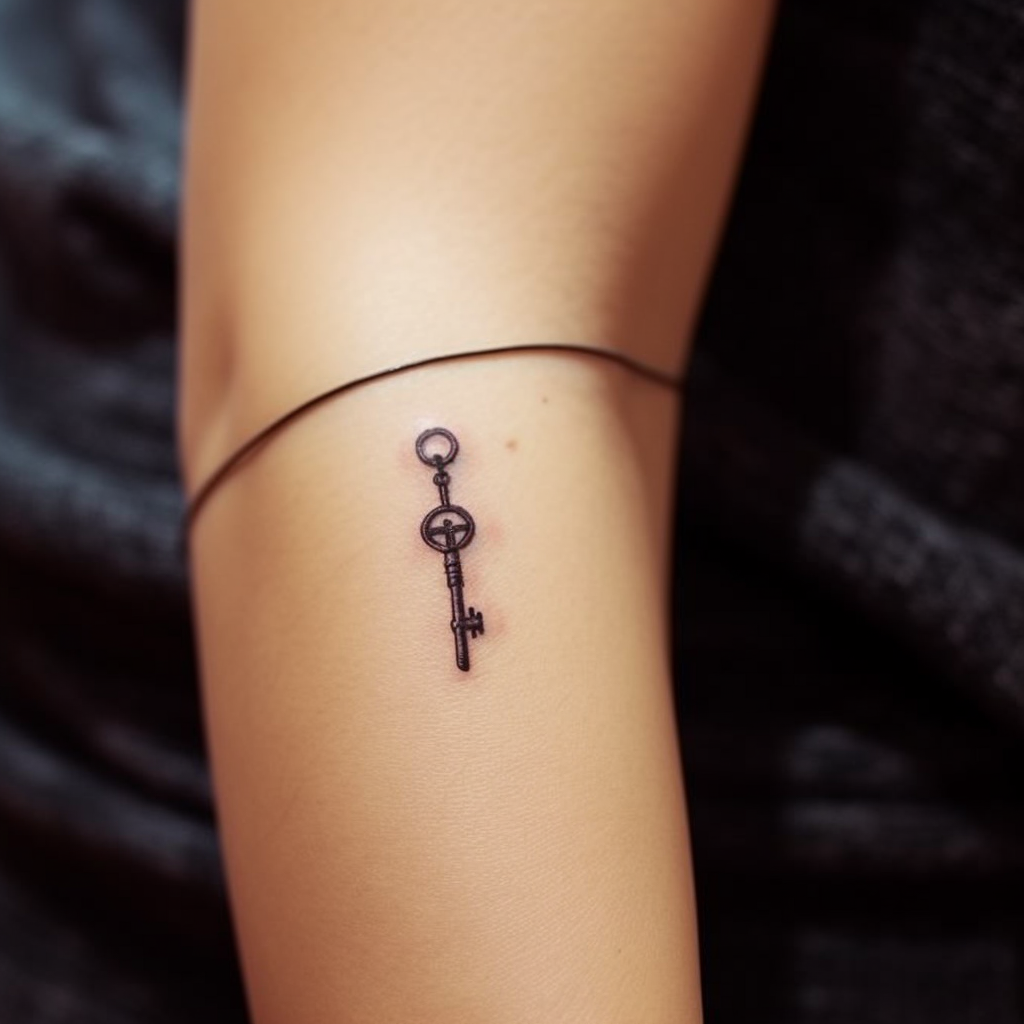 Piękny malutki tatuaż w kształcie klucza na przedramieniu młodej kobiety