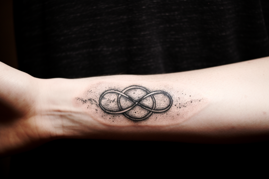 Tatuaż znaku nieskończoności i kołem po środku tego tatuażu, tatuaż jest pocieniowany co nadaje mu nieco romantyczności