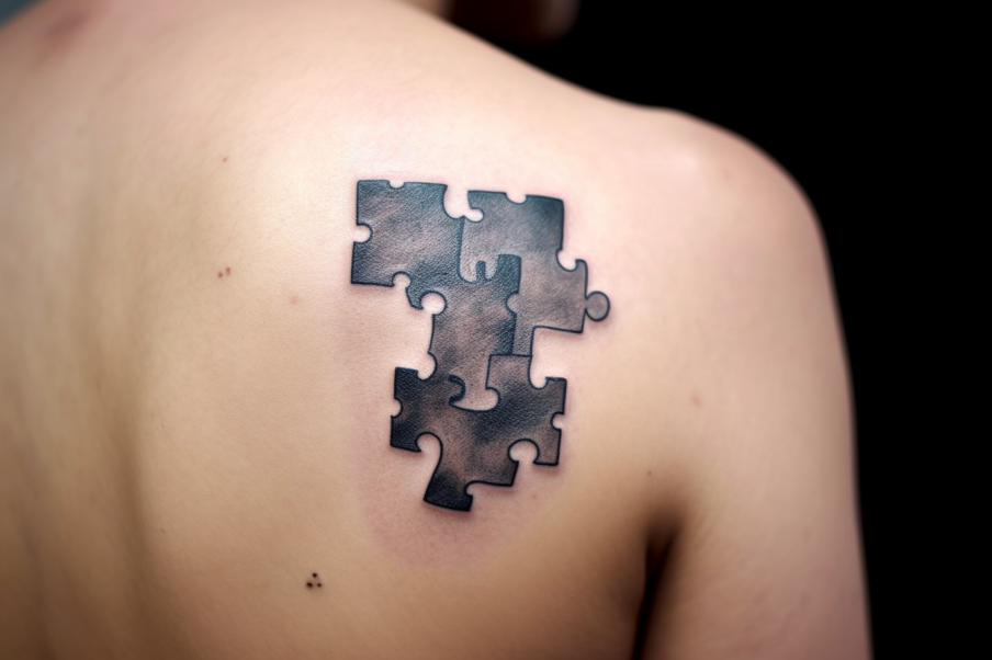 Puzzle na plecach kobiety jako symbol poukładanego życia miłosnego, prawdopodobnie jej druga połówka posiada taki sam