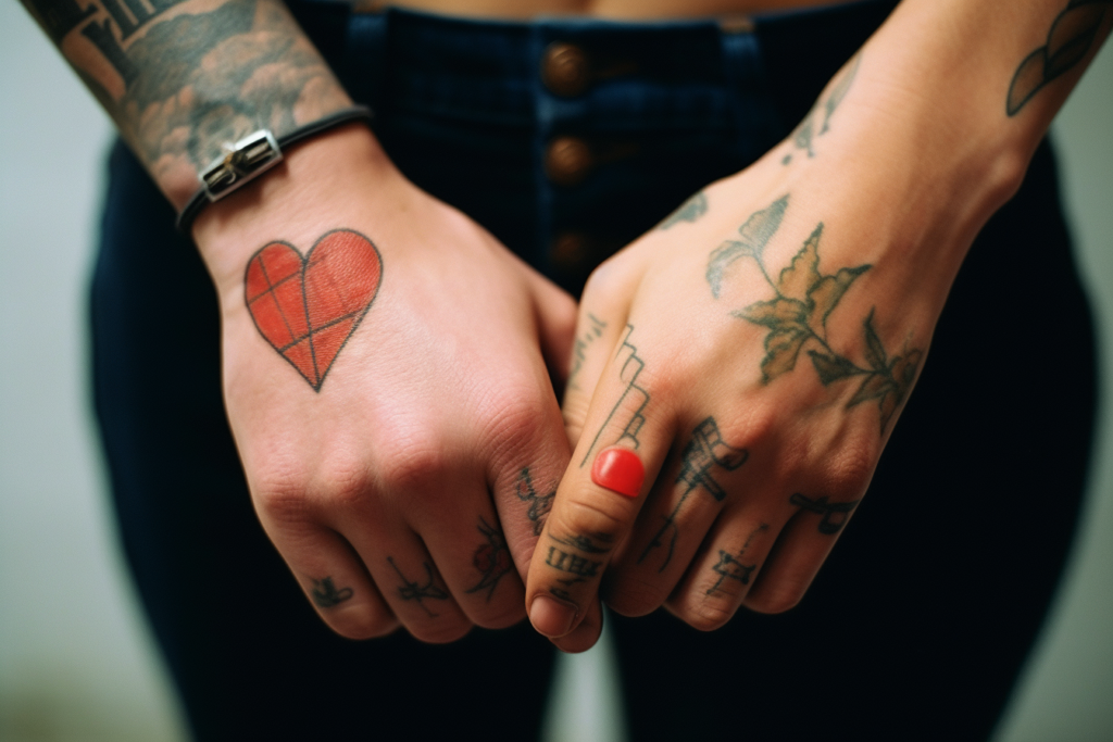 Tatuaż w kształcie serca na dłoni mężczyzny, który sugeruje, iż ma on kobietę która posiada taki sam czerwony tatuaż w kształcie serca